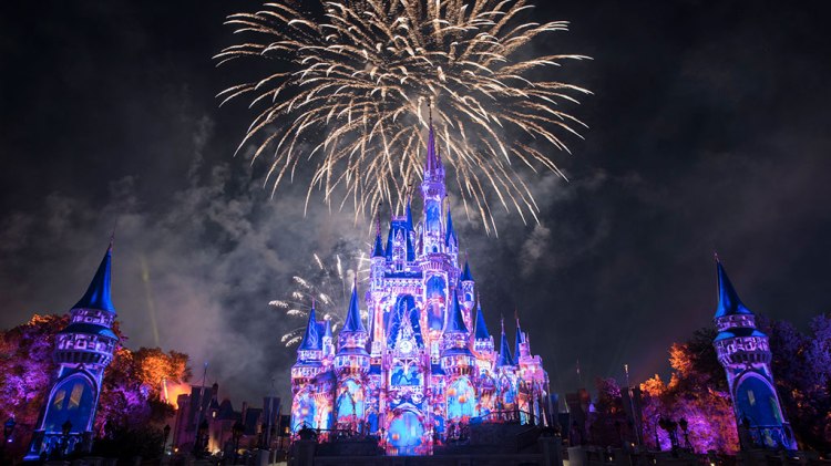 Cinderella castle with fireworks in background